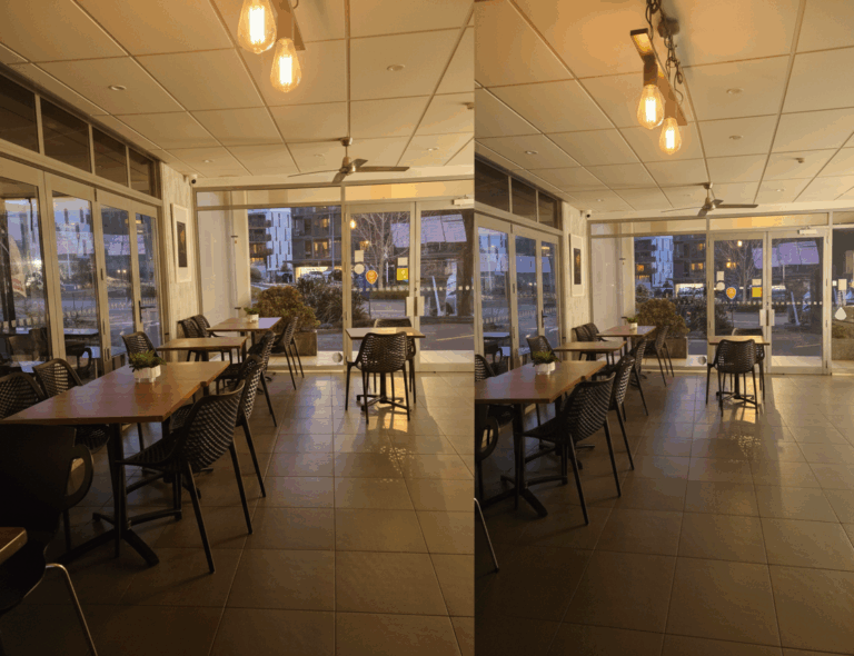 Warm evening interior at Aroma Bakery Cafe in Albany Village